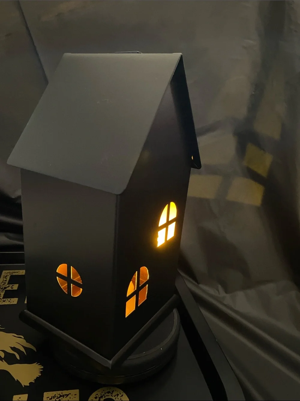 Crate & Barrel Matte Black Metal Haunted House Wiled with LED Warm Glow, Med NIB